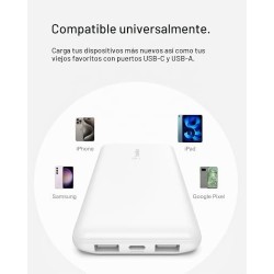 Belkin - Cargador portátil - 10000 mAh - 15 vatios - 3 conectores de salida (24 pin USB-C, 2 x USB) - negro