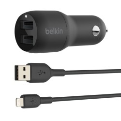 Belkin Dual Charger - Adaptador de corriente para el coche - 24 vatios - 4.8 A - 2 conectores de salida (USB) - en el cable: Lig